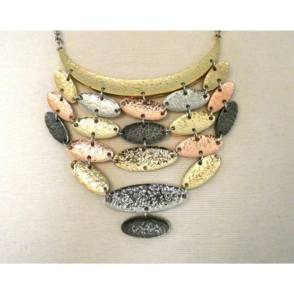 Modernist Necklace Mixed Metal Hammered Disk Bib Link Signed Erica Lyons - Picture 2 of 5